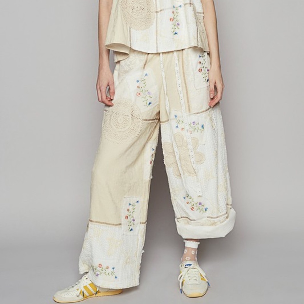 POL Floral Crochet Embroidered Color Block Stretchy Drawstring Waist Pants